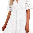 BTFBM Womens Boho Summer Dresses 2025 Resort V Neck Short Sleeve Hollow Out Lace Ruffle Casual Beach Mini Vacation Dress (Large, White)