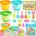 Dreamon Beach Toys for Kids 3-10, Collapsible Sand Toys Include 3 Pack Foldable Buckets, 24 PCS Beach Mold and Shovels Molds, Travel Sandbox Beach Toys for Kids Toddler with Mesh Bag