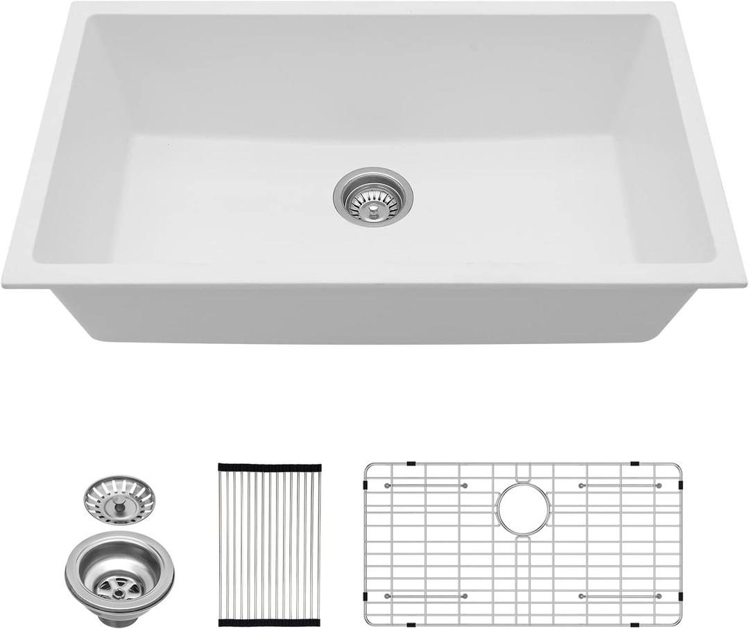 Lordear 33 White Granite Composite Kitchen Sink 33" x 19" Undermount Sink Quartz Composite White Deep Single Bowl Under Counter Kitchen Sinks (White)