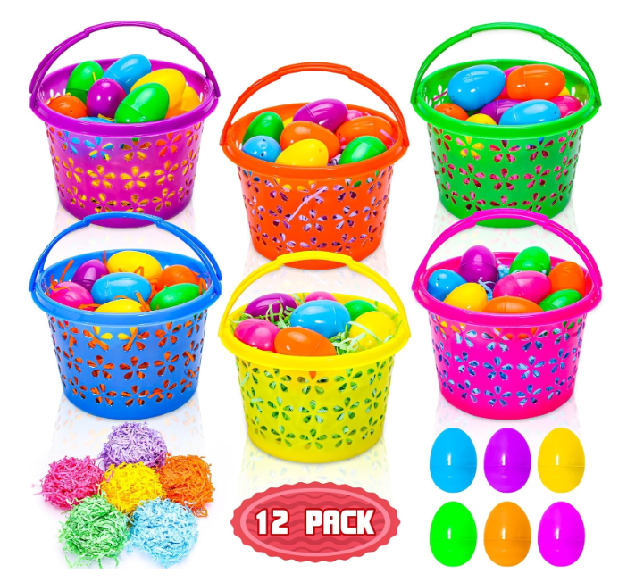 12 Pieces Easter Baskets with Handle for kids  Plastic Easter Egg Hunts Bucket with 36Pcs Empty Eggs and 60g 6 colors Grass for Pascua Party Favor Garden Basket Filler Stuffer Decorations