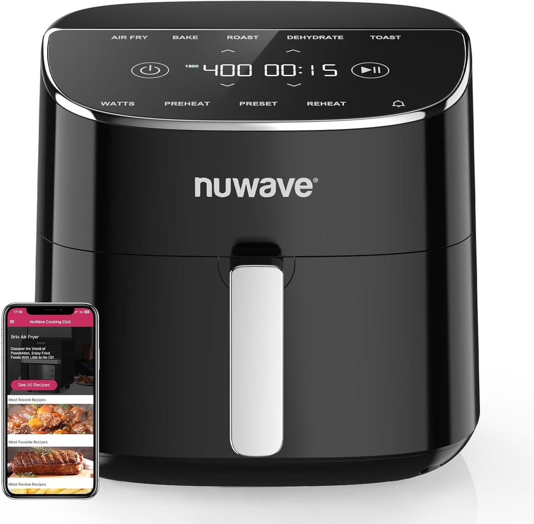Nuwave Brio Plus Air Fryer 8 Qt, New & Improved, PFAS-FREE, 7 Digital One-Touch Cook Functions that AIR FRY, BAKE, ROAST, DEHYDRATE, TOAST, REHEAT, PREHEAT, 150 Presets, 50F~400F, 700/1500/1800W (Black)