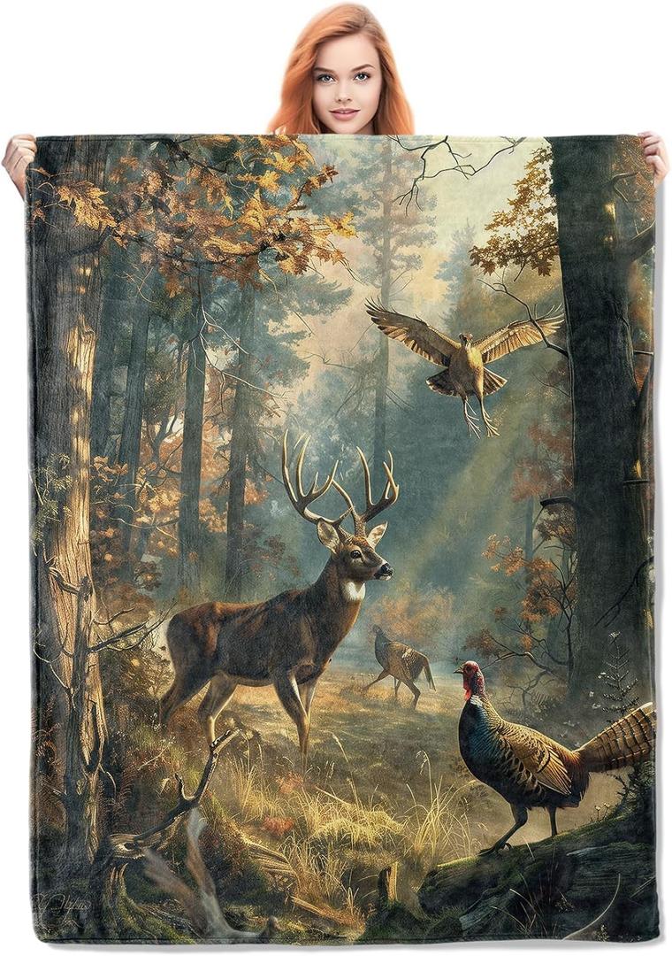 Deer and Forest Scene Throw Blanket Gifts, Soft Cozy Fleece Blanket with Wildlife Nature Print, Blanket for Couch Bed Sofa, Perfect for Hunters and Nature Lovers, 50x60 in (Color320)