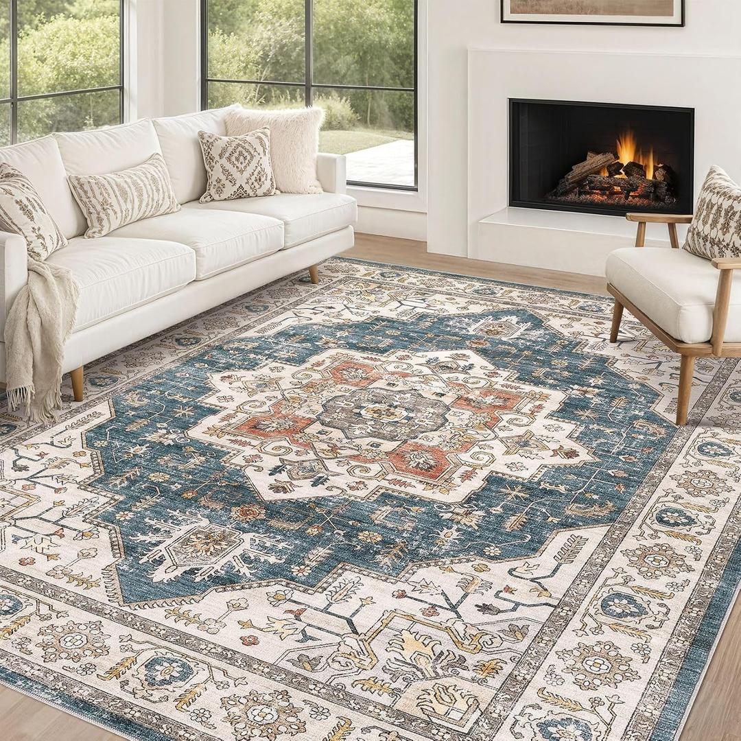 Area Rug 10x14 Washable Vintage - Soft Traditional Rug for Living Room Bedroom Dining Room or Home Office -Non Slip Backing Large Rugs with Low Pile Farmhouse Oriental Retro Carpet - Blue