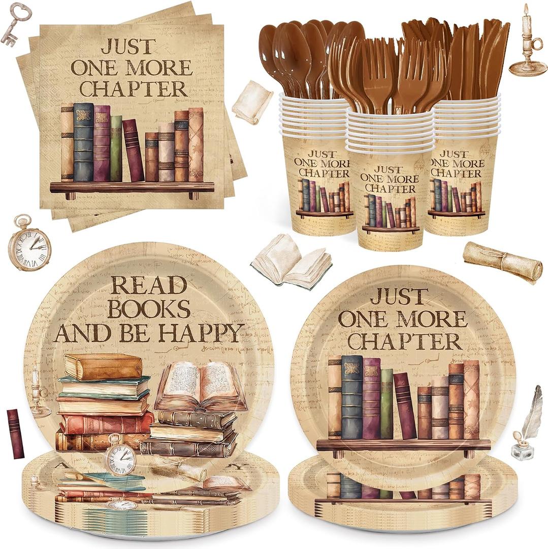 168pcs Vintage Book Party Plates Napkins Party Book Club Theme Birthday Supplies Library Reading Tableware Set Paper Cups Disposable Forks for Birthday Party Supplies Serve 24