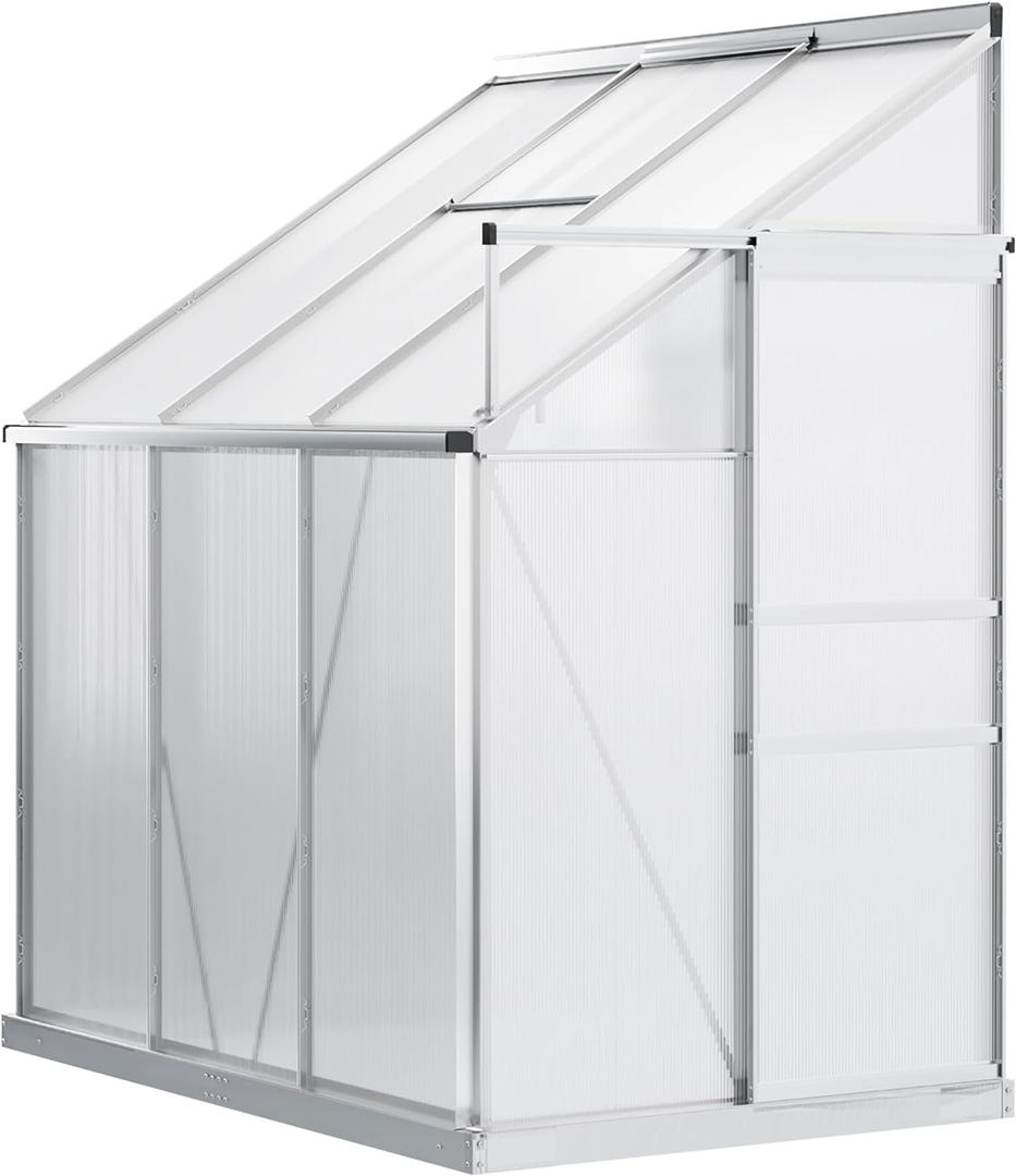 Outsunny 6' x 4' Aluminum Lean-to Greenhouse Polycarbonate Walk-in Garden Greenhouse with Adjustable Roof Vent, Rain Gutter and Sliding Door for Winter, Clear