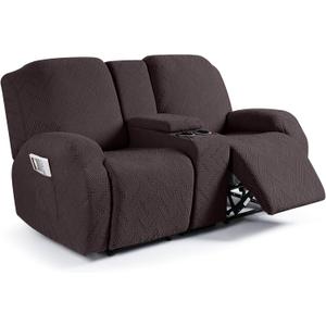 Ruaozz Loveseat Recliner Covers with Console, 4-Pieces Recliner Sofa Covers Stretch Jacquard Reclining Couch Covers with Pockets Furniture Protector with Elastic Straps Bottom (Chocolate)
