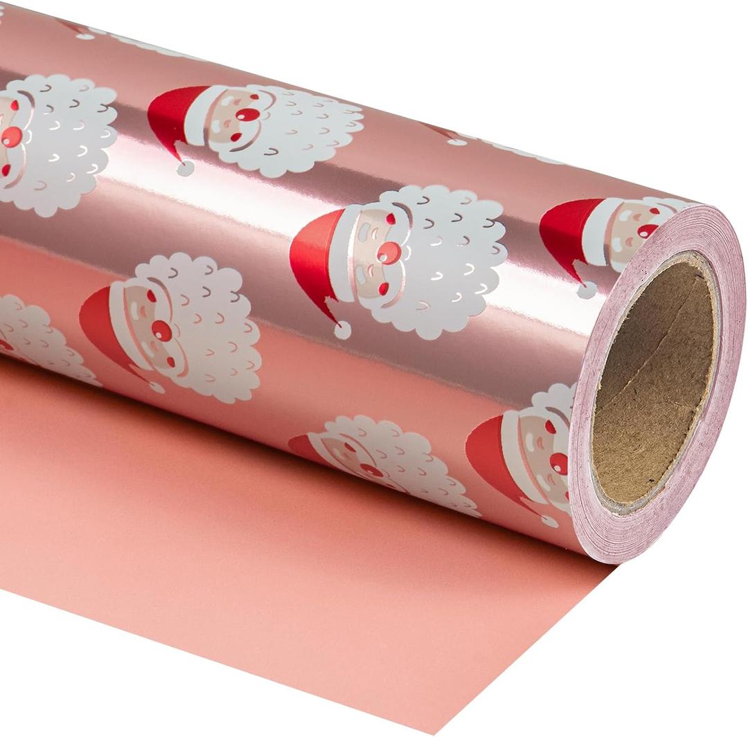 WRAPAHOLIC Reversible Christmas Wrapping Paper - Mini Roll - 17 Inch x 33 Feet - Santa Claus Wrapping Paper and Solid Rose Gold Design with Metallic Foil Shine for Chrsitmas, Holiday, Party