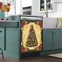 Christmas Tree Magnetic Dishwasher Cover Panel, Vintage Christmas Decorations Magnet Refrigerator Frames Vinyl Decals for Home 23" W x 26" H
