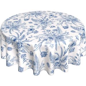 Blue Floral Round Tablecloth 60 Inch Round Blue and White Chinoiserie Flower Toile Table Cloth Spring Polyester Stain Resistance Decoration Table Cover for Party Picnic Kitchen Decor Outdoor