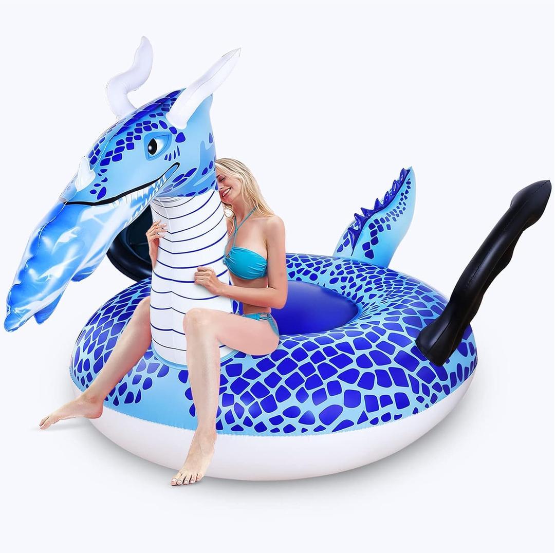 Funny Pool Floats, Large Pool Float with 2 Fast Valves, Big Animal Party Pool Floaties for Swimming Pool, Rideable Blow Up Dragon Giant Pool Float for Adults, Patch Kit Included (blue)