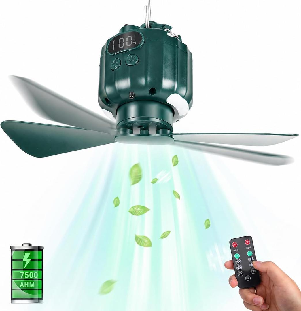 DUKUSEEK Tent Ceiling Fans for Camping Hanging, Portable Tent Fans with Light and Remote Control, Power Bank, USB Battery Operated Camping Fan with Hanging Hook for Outdoor, Car, RV, Small