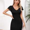 Missufe Women's V Neck Ruffle Short Sleeve Bodycon Summer Casual T Shirt Dress (Black, S)