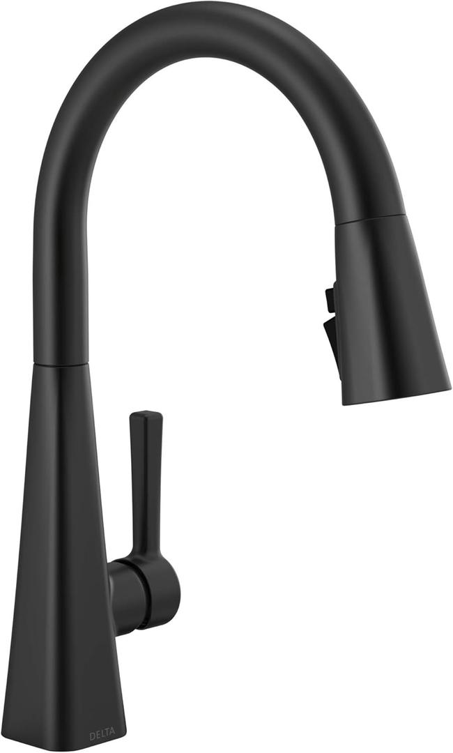 Delta Lenta Matte Black Kitchen Faucet with Pull Down Sprayer, Modern Single Hole Kitchen Sink Faucet, Single Handle, Matte Black 19802Z-BL-DST
