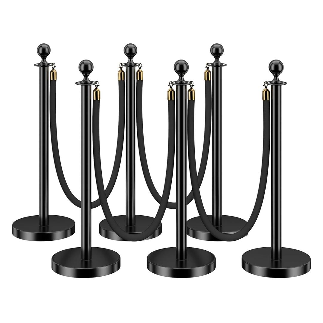 LOVMOR 6PCS Stanchion Post, Crowd Control Barriers, 5 ft Black Velvet Rope Red Carpet Ropes and Poles, Stainless Steel Gold Stanchions Used for Theaters, Parties, Wedding, Exhibition