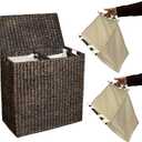 BirdRock Home Water Hyacinth Laundry Hamper Divided Interior (Espresso) | Eco-Friendly | Made of Hand Woven Hyacinth Fibers | Includes Two Removable Cotton Liners Bag | Wicker Laundry Basket with Lid