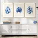 Framed Coastal Coral Wall Art for Living Room, Large Navy Blue Watercolor Coral Artwork for Walls, 3 Piece Minimalist Ocean Beach Marine Plants Pictures Prints for Bedroom Hallway Wall Decor, 16x24 In