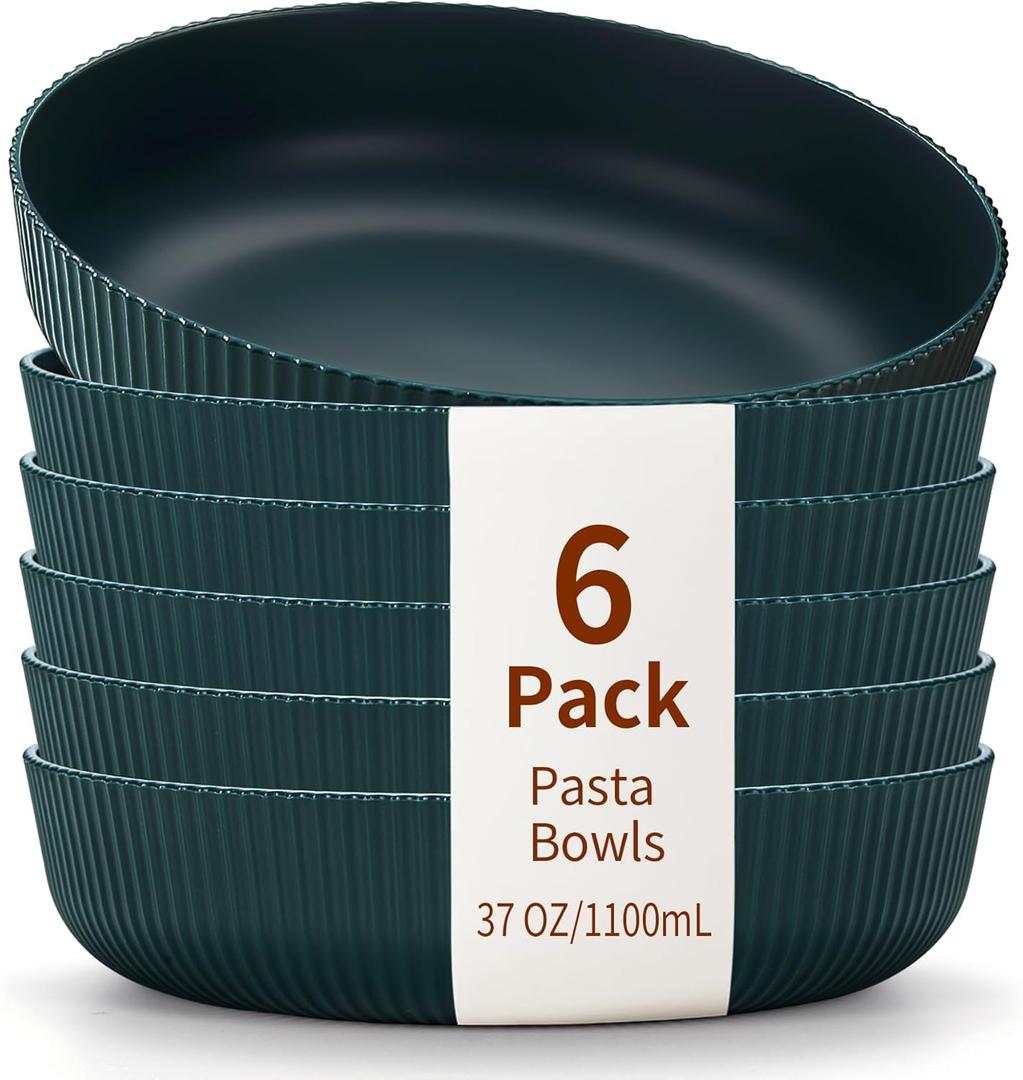 HOMQUEN Pasta Bowls Set of 6, 37oz Salad Bowls Green Soup Bowls, Large Pasta Serving Bowls, Unbreakable Plastic Dinner Bowls, Dinnerware Sets,Valentines Day Gift, Dishwasher Safe (Green)