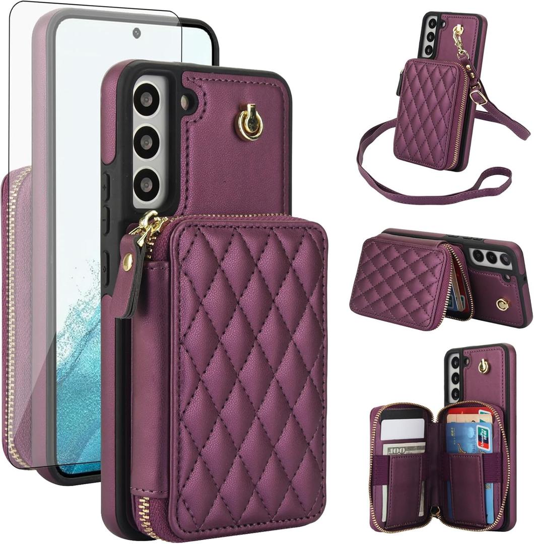 Phone Case for Samsung Galaxy S21 5G 6.2 inch Wallet Cell Cover with Tempered Glass Screen Protector Wrist Crossbody Strap Lanyard RFID Blocking Credit Card Holder S 21 21S G5 Women Girls Dark Purple
