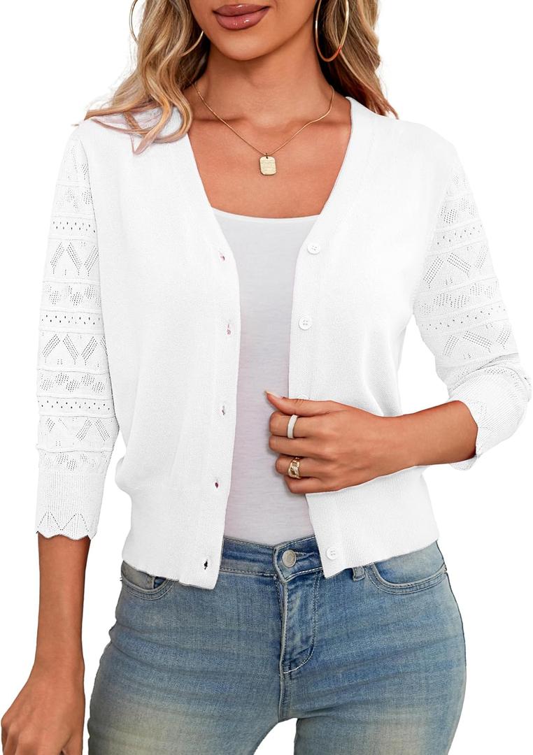 LIENRIDY Women's 3/4 Sleeve Shrug Cardigan for Dresses | Elegant 3/4 Hollow Out Sleeve Design • Button Front V Neck Style • Perfect Layering Piece • Cropped Length (White)