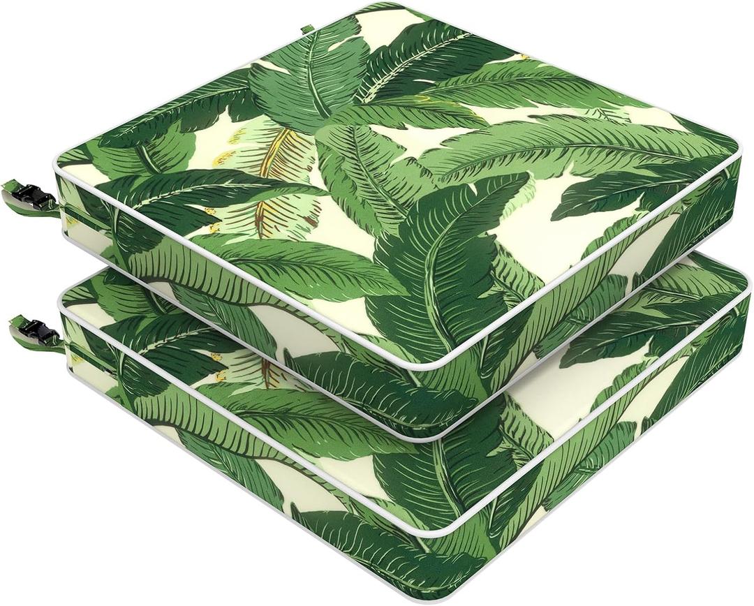 LVTXIII Patio Chair Cushions 19"x19"x3", Water-Repellent Outdoor Seat Cushions for Patio Furniture, Square Chair Pads with Ties for Home Garden Decoration, Set of 2, Swaying Palms Green