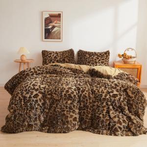 XeGe Cheetah Print Fluffy Faux Fur Duvet Cover Set, 2 Pieces Soft Plush Shaggy Farmhouse Fuzzy Bedding Set(1 Faux Fur Leopard Print Comforter Cover + 1 Furry Pillowcase), Zipper Closure(Twin, Brown)