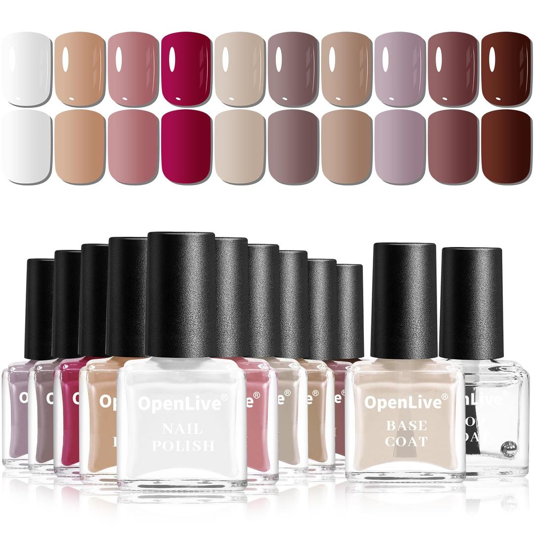 OpenLive 12 PCS Nail Polish Set 10 Color With 2PCS Base and Top Coat Quick Drying Fall Nude Brown White Red Color Holiday Gift for Her 5ML