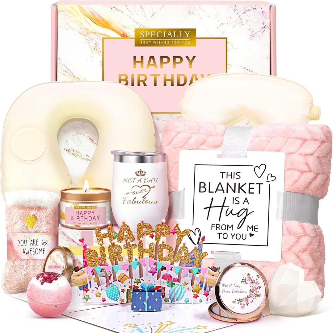 Birthday Gifts for Women, Unique Spa Birthday Gift Basket with Blanket for Women - Happy Birthday Gifts for Her, Mom, Sister, Teacher, Girlfriend, Coworker, Wife, Bestie, BFF (Pink)