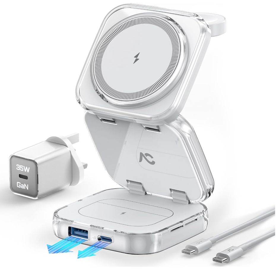 Qi2 Charging Station, AC Island 5 in 1 Wireless Charging Station for iPhone 17 Pro/16/15/14/13/12, Mag-Safe Charger, Fast Wireless Charging Stand for Airpods Pro 3, Apple Watch Series 11/10 - (White)