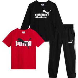 PUMA Toddler Boys Pants Set - 3 Piece Short Sleeve T-Shirt, Long Sleeve T-Shirt and Tricot Pants - Boys Activewear Set, 2T-7, Size 4, Red/ Black