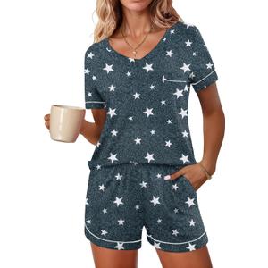 Ekouaer Pajamas Set for Women 2 Piece Short Sleeve Sleepwear Soft V Neck Tops and Shorts Pjs Lounge Set with Pocket XXL