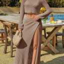 Saodimallsu Womens Crochet Beach Cover Ups Set 2 Piece 2026 Boat Neck Crop Long Sleeve Tops High Slit Maxi Skirt Sets (M)