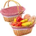 2 Pack 12.6 Inch Natural Wicker Basket with Checkered Lining, Oval Wicker Woven Basket with Handle, Willow Woven Picnic Baskets for Picnic, Camping, Party(Small)