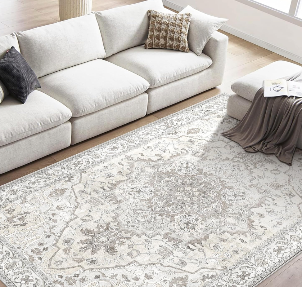  Boho Area Rug Vintage Rug for Living Room Bedroom Office Kitchen Entrance Dining Room Non Slip Soft Low-Pile Farmhouse, Beige (4' x 7'10)