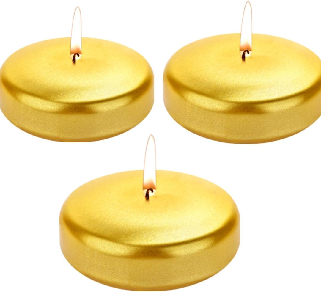 12PACK Floating Candles 3inch Continuous Burning for 13-15 Hours odorless smokeless White Non-drip Decorative Candles Suitable for Cylindrical vase, Swimming Pool, spa, Wedding, Home Decoration Gold