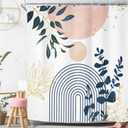 Riyidecor Pink Grey Abstract Boho Modern Mid Century Shower Curtain for Bathroom Decor 72Wx72H Leaves Blue Gold Eucalyptus Plants Blush Art Printed Fabric Polyester Waterproof 12 Pack Plastic Hooks