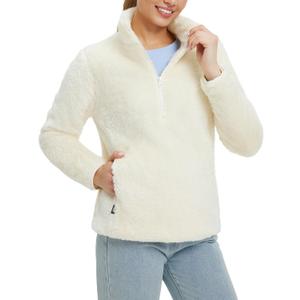 baleaf Women's Quarter Zip Sherpa Fleece Pullover Lightweight Fuzzy Winter Warm Sweatshirt with Zipper Kangaroo Pocket (White, XXL)