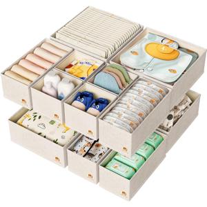 Cotton Linen Drawer Organizer for Baby Clothes, 12Pack Foldable Nursery Dresser Divider, Multi-Size Set Dresser Drawer Organizer for Nursery, Bedroom and Closet, Beige