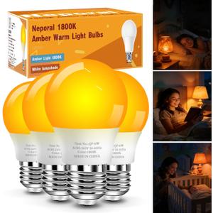 Neporal Amber Sleep Light Bulbs 1800K 4PK, 6W 40 Watt Equivalent, 99.96% Blue Blocking Soft Warm Light Bulbs A15, Amber Night Light E26 for Bedroom and Baby Nursery Light
