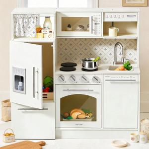 Tiny Land Play Kitchen for Kids, Upgraded Wooden Kitchen Toy with Complete Play Areas, Pretend Cooking Set with Sink, Stove, Microwave, Toy Coffee Station & Storage for Kids Ages 3+ (White)