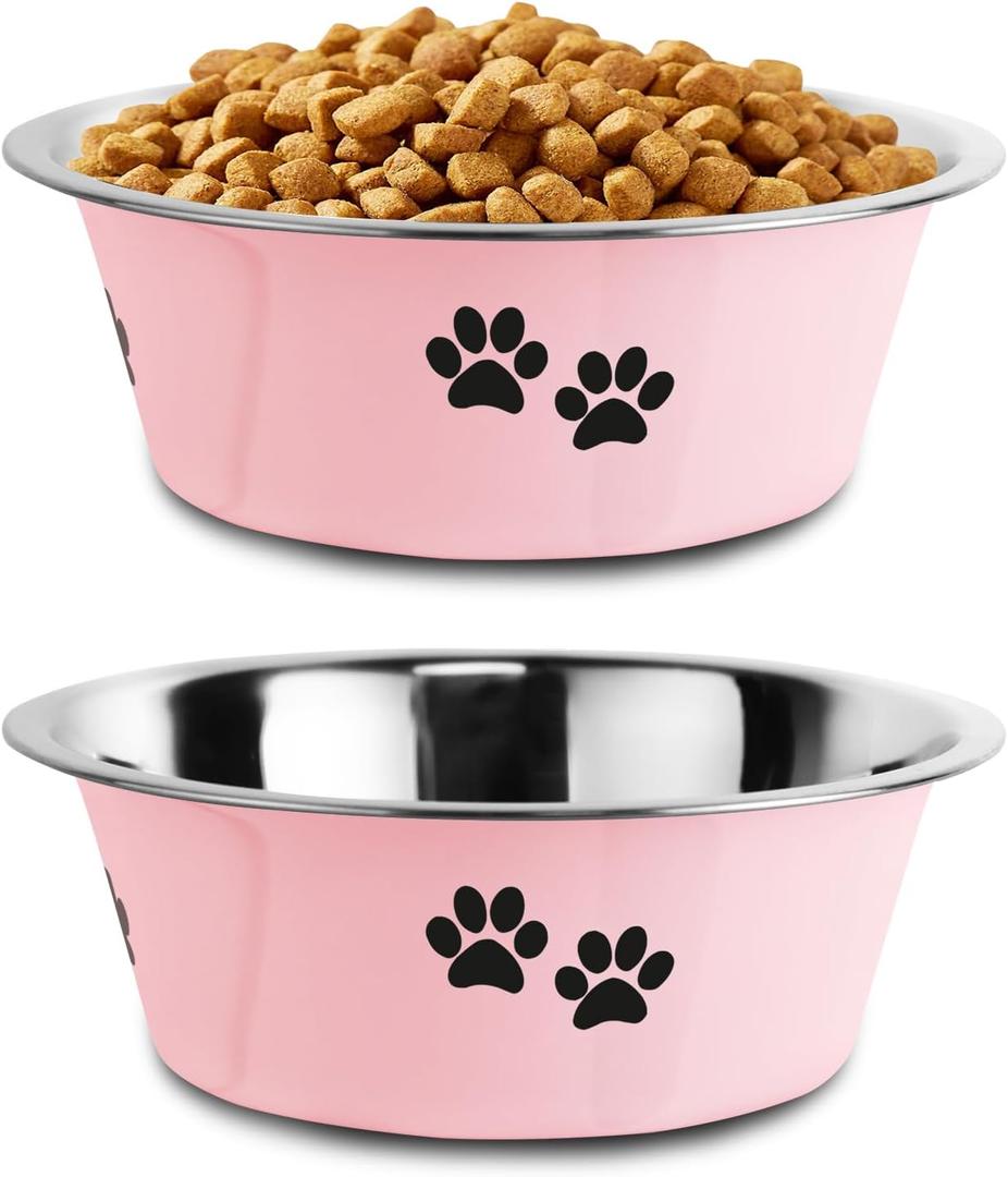 Stainless Steel Dog Bowls, Nonslip Rubber Bottom No Spill Proof Skid Metal Insulated Dog Bowls for Large Medium Small Breed Dogs (Pink, 3.6 Cups/29 OZ)