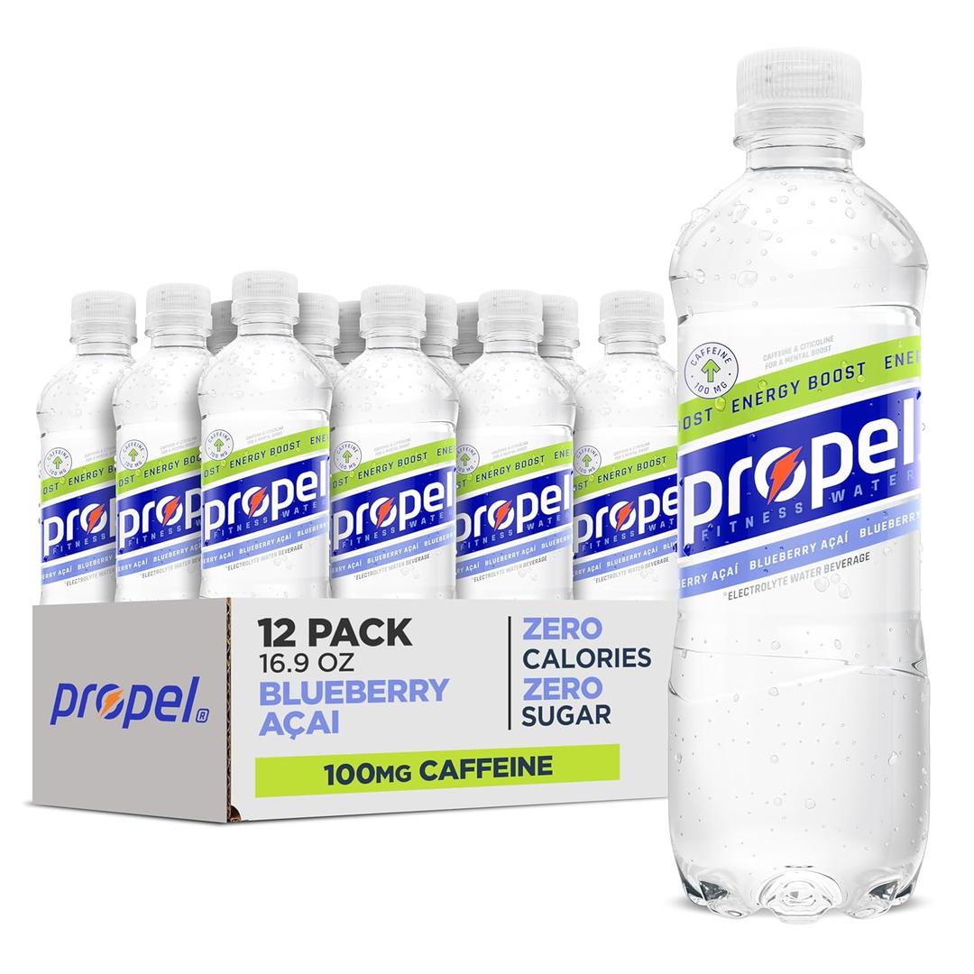 Propel Energy Boost Zero Calorie Flavored Water With Electrolytes and Caffeine, Blueberry Acai, 16.9 fl oz Bottles (12 Pack) (EXP 08/31/26)