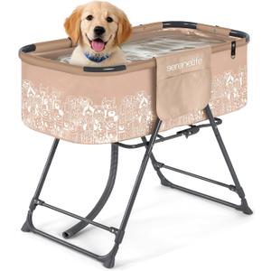 SereneLife Foldable Dog Bath Tub with Adjustable Height, 360 Access, Drain Hose & Storage Pockets 130 lb Capacity Grooming Station for Indoor/Outdoor Use (Beige)