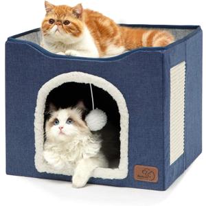 Bedsure Cat Beds for Indoor Cats - Large Cat Cave for Pet Cat House with Fluffy Ball Hanging and Scratch Pad, Foldable Cat Hideaway, 16.5x16.5x13 inches, Blue (Single)