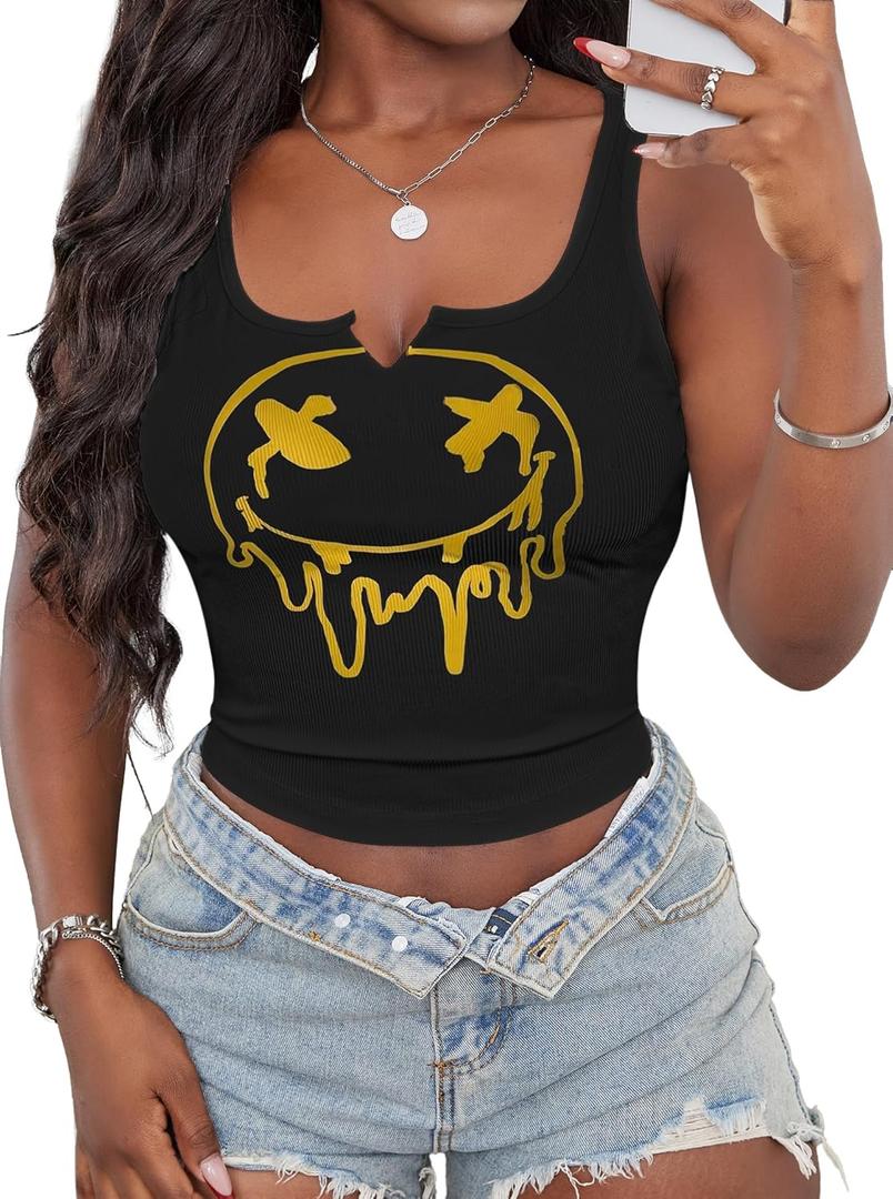 LovelyWholesale Graphic Crop Tops for Women Cropped Tank Tops V Neck Ribbed Shirts Black Smile X-Large (XS)
