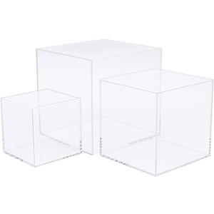 Clisela 3pcs Acrylic Cube Display Stands Box Risers with Hollow Bottoms, Food Risers for Buffet Table, Decorative Display Stand Shelf for Dessert Collectibles Jewelry Figures Show - Clear 3" 4" 5"