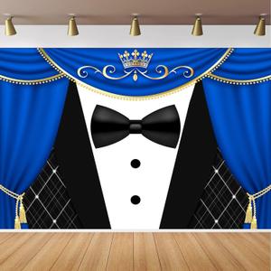 Tuxedo Backdrop 10x6.5FT Blue Curtain Crown Gentleman Birthday Party Background for Photography, Father or Boss Birthday Party Decorations Banner