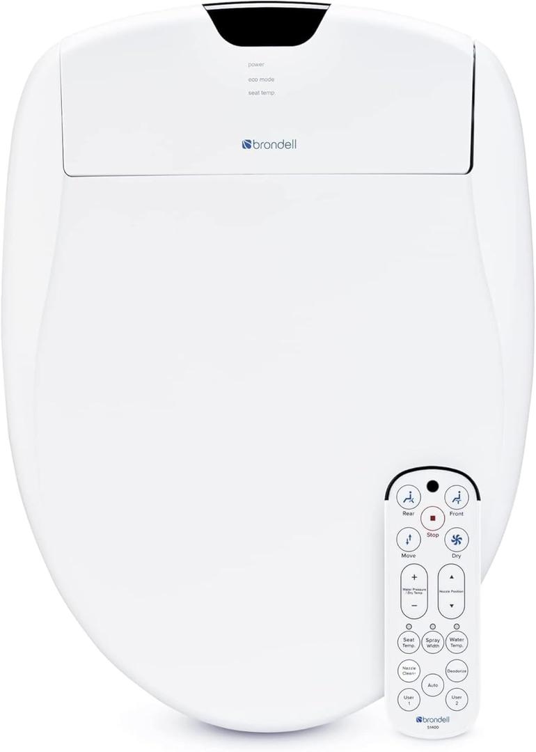 Brondell Bidet Toilet Seat S1400, Smart Toilet Seat, Dual Stainless-Steel, Self-Cleaning Nozzle With Clean Plus Technology, Endless Warm Water Bidet, Warm Air Dryer-Nightlight, Heated Seat, Elongated
