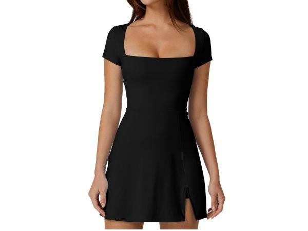 QINSEN Womens Square Neck Tennis Dress Short Sleeve Built in Shorts Golf Athletic Dress with Pockets Black, Size: L