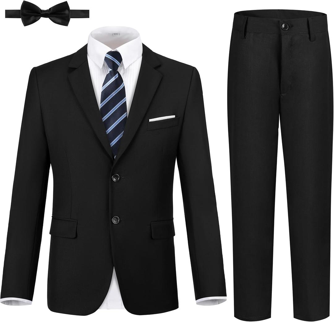 JPF Boys Formal Suits Slim Fit 5 Piece Kids Suit Jacket Pants Set with Dress Shirt and Tie for Wedding Prom (Black, 14Y)