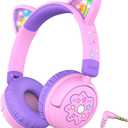 iClever Kids Headphones Cat Ear, LED Light Up, 85dBA Safe Volume, Stereo Sound Toddler Headphones for Travel School, Foldable 3.5mm Wired Kids Headphone for iPad Tablets, Meow Lollipop -Pink